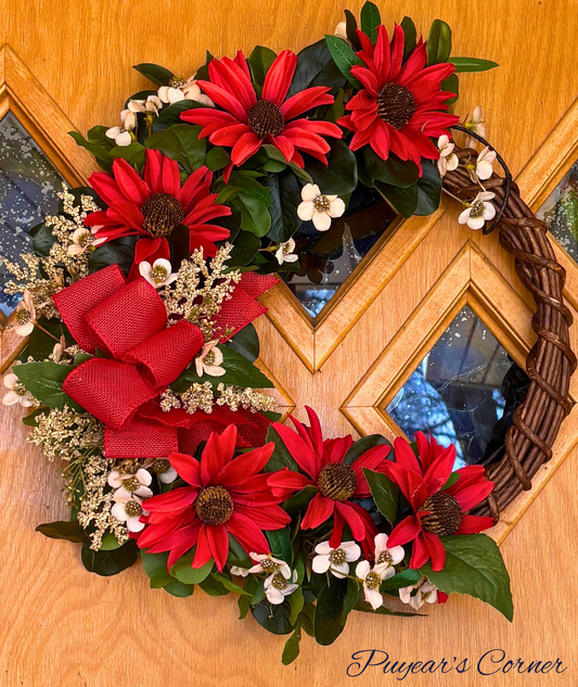 Handcrafted Grapevine wreath with Red Coneflowers